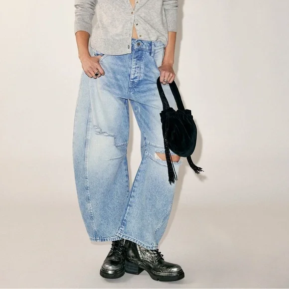 Free People Good Luck Mid-Rise Barrel Jeans in Barnyard Blue - Picture 2 of 13